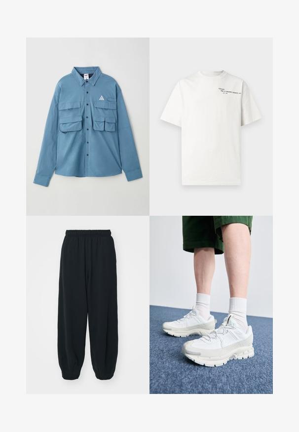 Cămașă albastră cu mâneci lungi, confecționată dintr-un material moale, având două buzunare pe piept, închidere cu nasturi, guler și un accent în formă de triunghi cu logo pe piept.; Tricou alb din bumbac cu mâneci scurte, decolteu rotund și text negru imprimat pe piept cu inscripția "Carhartt Work in Progress 1989."; Pantaloni de trening negri, cu talie elastică, cu o croială lejeră, la baza pantaloni fiind strânși, având o textură netedă și fără modele sau accente metalice vizibile.; Pantofi sport albi cu suprapuneri texturate, talpă masivă și accente gri. Purtați cu șosete albe până la glezne și pantaloni scurți verzi pe o suprafață albastră.