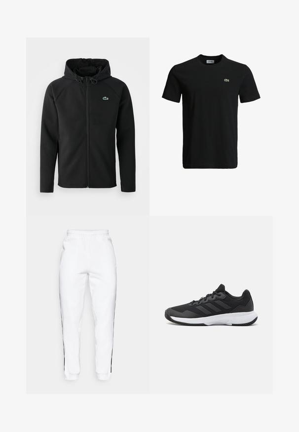 Svart hettejakke laget av myk, elastisk stoff. Har frontglidning, sidelommer og en liten grønn Lacoste-logo på brystet.; Svart bomulls T-skjorte med rund hals, korte ermer, og en liten grønn krokodille-logo på venstre bryst. Glatt tekstur, uformelt design.; Hvite joggebukser med elastisk midje, med svarte sidestriper og mansjetter. Laget av myk stoff med en glatt tekstur.; Svart idrettssko med teksturert overdel, tre horisontale striper, og en hvit såle med mønstret gummibunn. Lettvekts og strømlinjeformet design.
