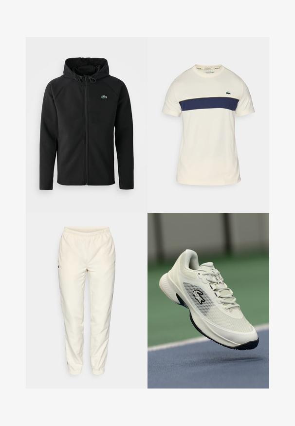 Melnas kapuces jaka, izgatavota no mīksta, stiepjama auduma. Tai ir priekšējais rāvējslēdzis, sānu kabatas un neliels zaļš Lacoste logo krūtīs.; Kādam un jūras zila Lacoste t-kreklu ar apļveida kakla izgriezumu, īsām piedurknēm un horizontālu krāsu bloku. Iezīmēts ar zaļu krokodila logo.; Krēma krāsas sporta bikses ar elastīgu jostu, sašaurinātiem diegiem un mazu tumši zaļu logotipu kreisajā pusē. Gluda, viegla auduma.; Balti sporta apavi ar sieta materiāla augšpusi, melniem akcentiem, teksturētu zoli un izteiktu logo sānos, attēloti pret sporta laukuma fonu.
