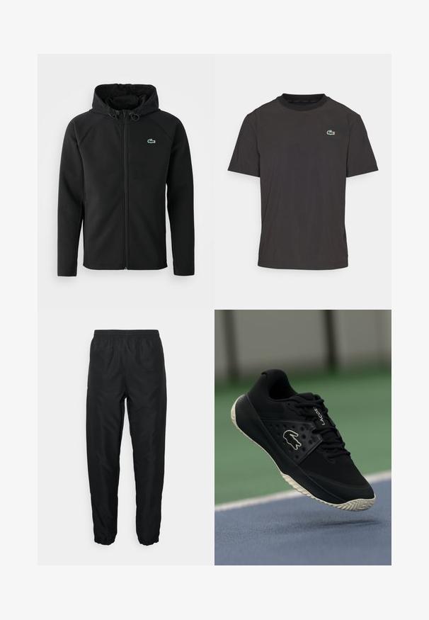 Casaco com capuz preto, feito de tecido macio e elástico. Apresenta um fecho éclair frontal, bolsos laterais e um pequeno logótipo verde da Lacoste no peito.; T-shirt preta de manga curta feita de um tecido suave, com um decote redondo e um pequeno logotipo de crocodilo verde no lado esquerdo do peito.; Calças desportivas pretas feitas de material leve com cintura e punhos elásticos, apresentando uma textura suave e um detalhe de marcação mínima.; Sapatilha atlética preta com superior texturizado e detalhes lisos, apresentando um logo branco, design de atacadores e sola de borracha flexível.