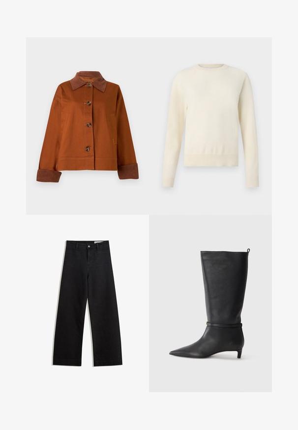 Barna dzseki kordbársony gallérral, öt gomb a elülső részen, mellzseb és kontrasztos barna mandzsetta. Tartós anyagból készült.; Világos krémszínű pulóver hosszú ujjakkal, kerek nyakkivágással és bordás aljjal. Puha anyagból készült, sima textúrával.; Fekete, bő szabású farmernadrág magas derékkal, elülső és hátsó zsebekkel, varrott felületekkel és gombos záródással. Sima textúra.; Fekete bőr, térd fölé érő csizma, hegyes orral, kör alakú pánttal a bokán és alacsony, keskeny sarkú. Simára csiszolt textúra.