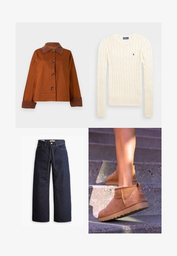 Pruuni jakk, millel on sametist krae, viis nuppu ees, rinnakott ja kontrastsete pruuni värvi varrukad. Valmistatud vastupidavast kangast.; Kreemivärvi nöörkootud sviiter pikemate varrukatega, soonikvarrukate ja alläärega, millel on vasakul rinnal väike broderi logo.; Laiad joped tumeda sinise denimi ja kõrge taljega, millel on paela kinni tõmbamise võimalus, viis taskut ja kontrastsete õmblustega detailid.; Kergedest nahast pahklu ботинки pehme tekstuuriga, õmmeldud detailide ja kummist tallaga, millel on sanga kand kergesti selga panemiseks.
