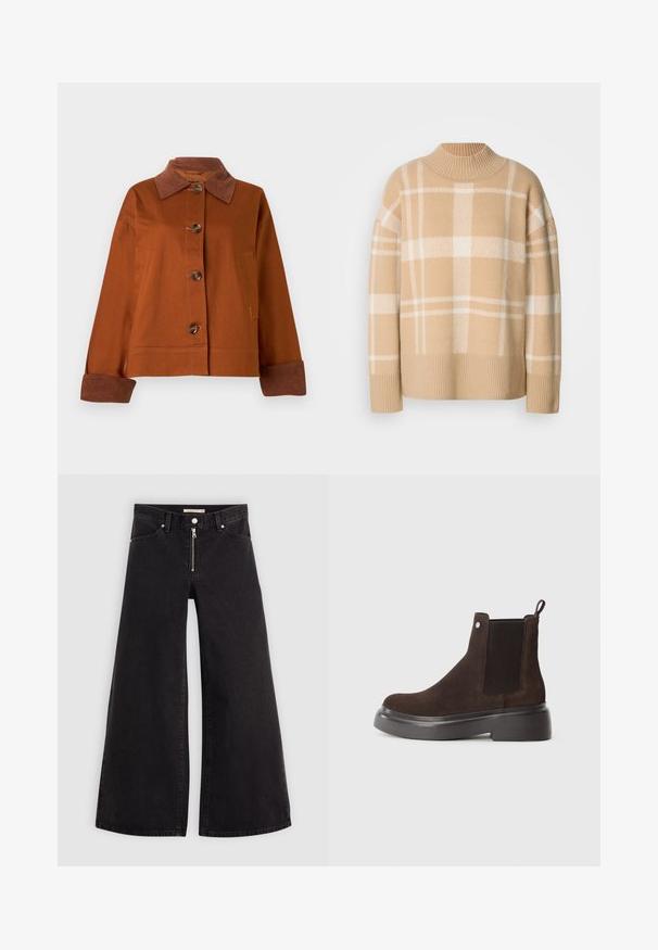 Casaco castanho com colarinho de veludo cotelê, cinco botões na frente, bolso no peito e punhos castanhos contrastantes. Feito de tecido durável.; Sweater bege com um padrão xadrez branco, gola redonda canelada e punhos. Textura suave com ombros caídos e ajuste descontraído.; Calças de ganga de perna larga em denim preto com fecho éclair à frente, design de cinco bolsos e detalhes de costura subtil. Textura suave e estilo casual.; Bota de tornozelo em camurça castanha com painéis laterais elásticos, aba para puxar e uma sola grossa em borracha preta. Apresenta uma textura suave e mate.