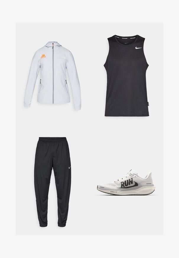 Šviesiai pilkas švarkas su užtrauktuku priekyje, reguliuojama kapuce, dvi šoninės kišenės su užtrauktukais ir oranžinės spalvos logotipų akcentai ant krūtinės ir peties.; Juodas be rankovių sportinis marškinėlis, pagamintas iš lygios medžiagos, su tekstūruotu raštu ir mažuoju baltu Nike logotipu krūtinėje.; Juodos sportinės kelnės su elastine juosta, siaurėjančiomis kojomis ir mažu baltu Nike logotipu kairėje šlaunyje. Sklandus audinys, be raštų.; Balti sportiniai bateliai su tinkleliu, dideliu juodu "RUN" spaudiniu, šviesiai pilkais akcentais ir paminkštintu padu su "AIR 200M" ženklu.