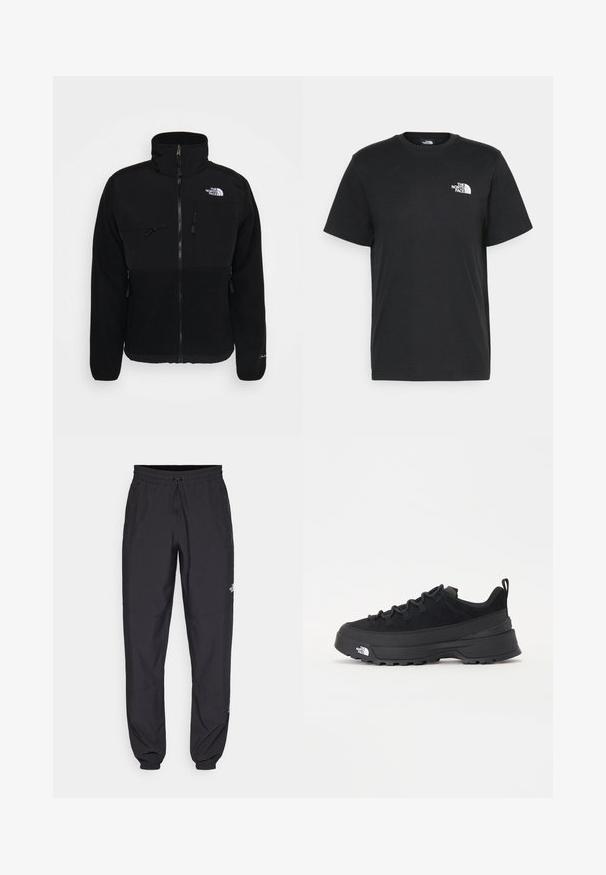 Fekete bolyhos dzseki magas gallérral, elülső cipzárral, két mellzsebbel és a jobb vállon lévő logóval, sima felülettel.; Fekete pamut póló, rövid ujjú, kerek nyakkivágással és egy kis fehér logóval a bal mellrészen. Egyszerű dizájn, sima textúra és laza fazon.; Fekete sportnadrág, könnyű anyagból készült, húzózsinóros derékkal, oldalsó zsebekkel és szűkített szárakkal a bokáknál.; Fekete kültéri sneaker velúr felsőrésszel, texturált gumitalppal és strapabíró fűzőrendszerrel. Megerősített sarkú és oldalán márkalogóval rendelkezik.