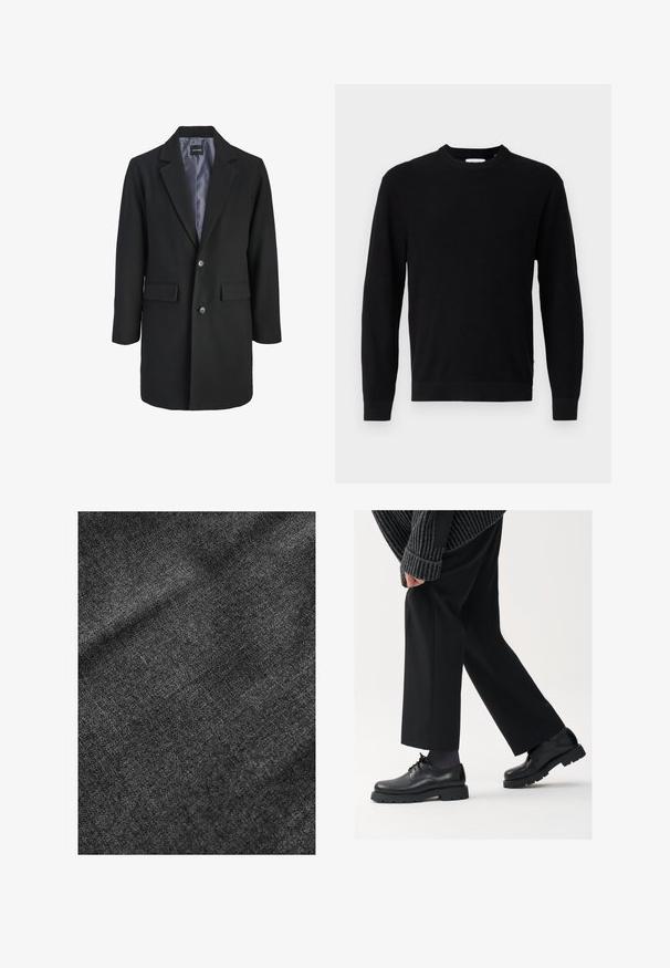 Fekete gyapjúkeverék kabát, kivágott gallérral, egysoros gombos záródással, két elülső zsebbel és selymes belső béléssel.; Fekete kötött pulcsi kerek nyakkivágással, hosszú ujjakkal és bordázott textúrával. Egyenes szegéllyel és minimalista dizájnnal rendelkezik.; Textúrált fekete szövet, puha, enyhén fényes felülettel, finom szövésű mintázattal és sima eséssel.; Fekete bőr cipők kerek orral, fűzős kialakítással és vastag, texturált talppal. Öltönyös fekete nadrággal és bordázott pulóverrel viselve.