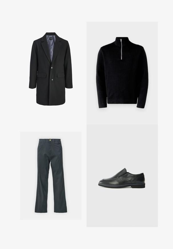 Juodas vilnos mišinys paltas su išpjauta apykakle, vienos krūtinės mygtukų uždarymu, dviem priekinėmis kišenėmis ir satino pamušalu.; Juodas megztinis su aukštu apykakle ir puse užtrauktuko. Pagamintas iš rūbų audinio, turi ilgas rankoves ir lygų paviršių.; Juodos kelnės su tiesiu kirpimu, pagamintos iš medvilnės mišinio. Turi metalinį mygtuką ir šonines kišenes. Be matomų raštų.; Juodai odiniai įtvirtinimo batai su lygiu paviršiumi, siuvinėjimo akcentais, apvalia nosimi ir žemu guminiu kulnu. Pado raštas minimalus.