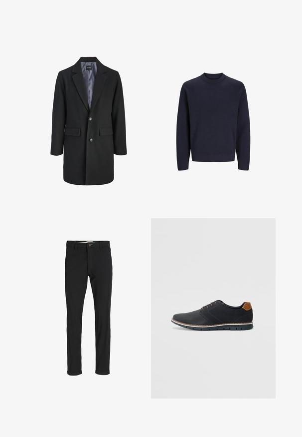 Must mustrikombinatsiooniga must mantel, millel on nurgeline krae, ühe nööbiga kinni tõmbamine, kaks eesmist taskut ja satiinvooder.; Tumesinine kootud sviiter ümmarguse kaelusega ja pikkade varrukatega. Omab soonikkoes mansette ja hemmi. Sile tekstuur, igapäevane disain.; Mustast puuvillasegustest pükstest õhukese lõikega, milles on nööbikinnitus, taskud ja keeratud sääred, et saavutada lõdva lõppviimistluse.; Mustavad sünteetilised jalatsid tekstureeritud pealsega, siledad aktsendid, pruun kand ja kontrastne tall. Omab minimaalset lukkude ja õmbluste dekoratsiooni.