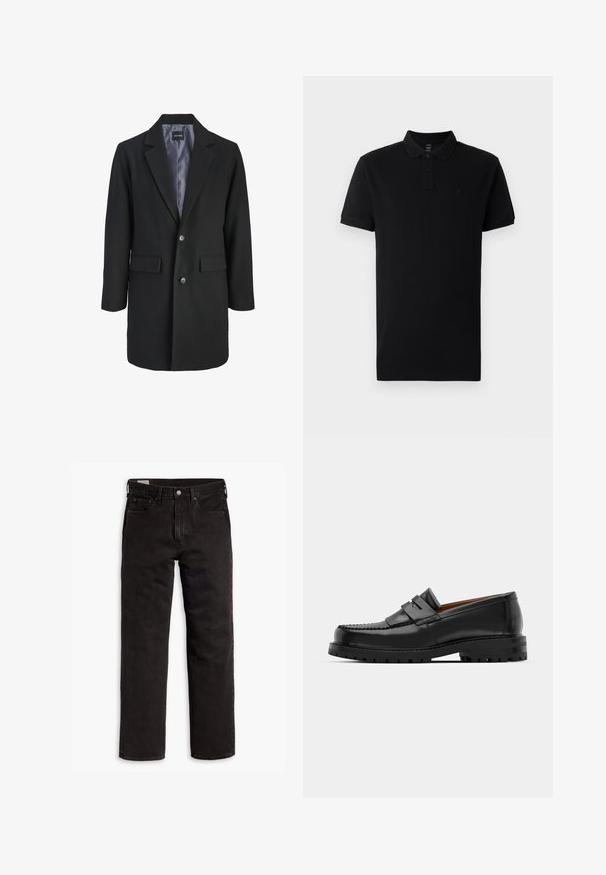 Czarny płaszcz z mieszanki wełny z wyłogowym kołnierzem, jednorzędowym zapięciem na guziki, dwiema przednimi kieszeniami i satynową podszewką.; Czarna koszulka polo z bawełny, z kołnierzykiem, dwoma guzikami i krótkimi rękawami. Minimalistyczny design z subtelnym detalem logo.; Czarne dżinsy proste z pięcioma kieszeniami, zapięciem na guzik i paskiem, rozłożone na białym tle.; Czarne skórzane mokasyny mają wyraźny szew, dwa dekoracyjne paski na górze oraz grubą, teksturowaną podeszwę dla lepszej przyczepności.