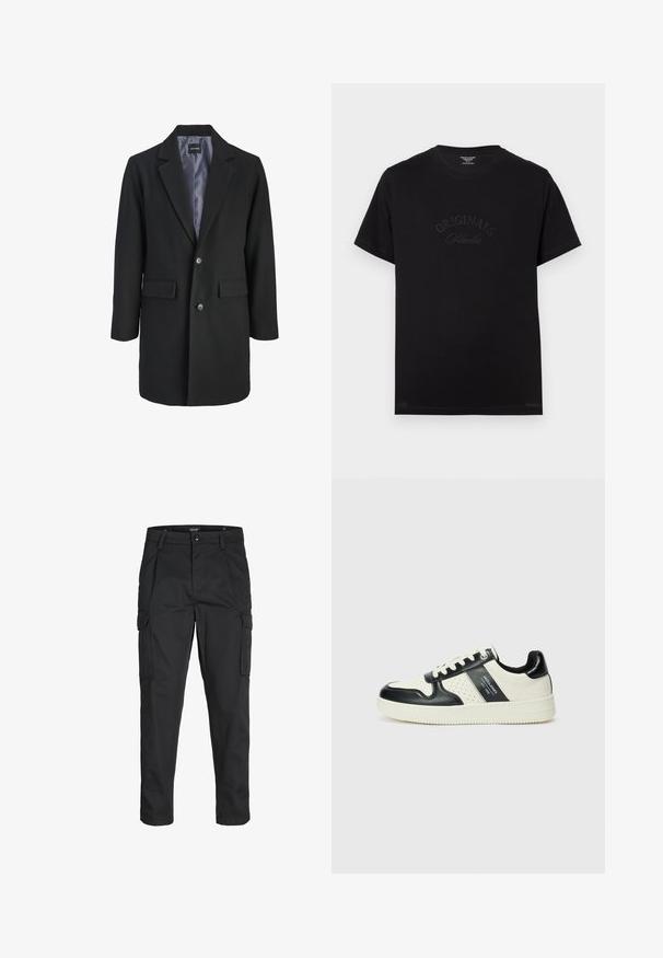 Zwarte wolmix jas met een geknipt kraag, enkele sluiting met knopen, twee voorzakken en satijnen binnenvoering.; Zwarte katoenen t-shirt met korte mouwen en een ronde hals. Kenmerkt zich door "ORIGINALS Studio" in ton-sur-ton letters op de voorkant.; Zwarte cargobroek van stevig stof, met meerdere zakken, een knoopsluiting en een slim fit ontwerp met taps toelopende benen.; Leren sneakers met een zwart en crèmekleurig kleurenschema, voorzien van geperforeerde accenten, een gevoerde kraag en een gestructureerde buitenzool.
