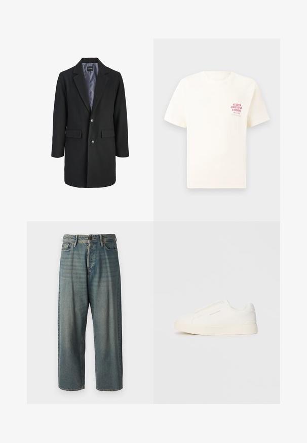 Čierny kabát z vlnenej zmesi s klopovým golierom, jednoprsťový gombíkový uzáver, dve predné vrecká a saténová podšívka.; Biele tričko s krátkym rukávom s červeným textom "Studio Originals Edition" na ľavej hrudi, zobrazené na neutrálnom šedom pozadí.; Svetlomodré denimové nohavice so voľným strihom, stredne vysokým pásom a rovnými nohavicami. Obsahujú päť vreciek, pútka na opasok a zapínanie na gombík.; Biele slip-on tenisky s textúrovaným povrchom, hrubou podrážkou a minimalistickým dizajnom. Obsahuje logo značky na boku.