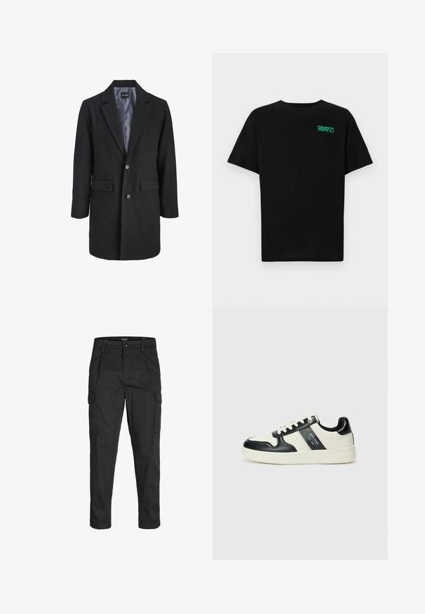 Čierny kabát z vlnenej zmesi s klopovým golierom, jednoprsťový gombíkový uzáver, dve predné vrecká a saténová podšívka.; Čierne tričko s krátkymi rukávmi vyrobené z bavlny. Na prednej strane má zelené logo "ROOTS", okrúhly výstrih a štandardný strih.; Čierne cargo nohavice z odolnej látky, s viacerými vreckami, gombíkovým zapínaním a úzkym strihom so zúženými nohavicami.; Kožené tenisky v čierno-krémovej farbe, s perforovanými akcentmi, polstrovaným golierom a štruktúrovanou podrážkou.