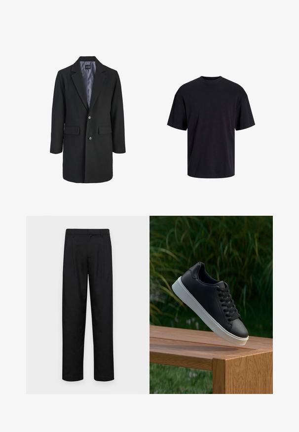 Fekete gyapjúkeverék kabát, kivágott gallérral, egysoros gombos záródással, két elülső zsebbel és selymes belső béléssel.; Fekete pamut póló, kerek nyakkivágással, rövid ujjú és laza fazonú. Simább anyagú, látható minták vagy díszítések nélkül.; Fekete nadrág sima anyagból, egyenes szárú fazonnal, két elülső redővel és közönséges derékkal, övhurkokkal.; Fekete bőr sportcipő sima textúrával, fehér gumitalppal és hat lukkal a fűzőknek, amely egy fa felületen van bemutatva.