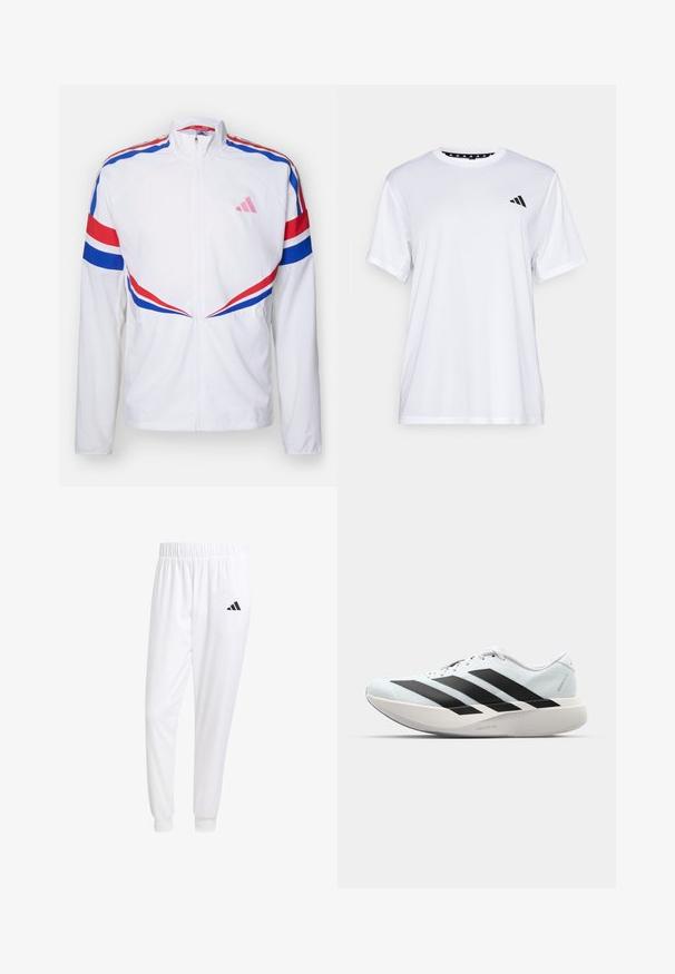 Giacca bianca con zip e strisce rosse e blu sulle spalle e sui lati. Presenta un logo rosa sul petto e un tessuto testurizzato.; Maglietta sportiva bianca a maniche corte, realizzata in tessuto traspirante. Presenta un logo nero sul lato sinistro del petto e un collo interno a fantasia.; Pantaloni sportivi bianchi realizzati in tessuto liscio, con una vita elasticizzata e polsini aderenti, dotati di un logo nero sulla tasca posteriore.; Scarpe da corsa leggere di colore azzurro pallido con strisce nere. Presentano una tomaia liscia, punta rotonda e un'ampia intersuola bianca etichettata "LIGHTSTRIKE PRO."