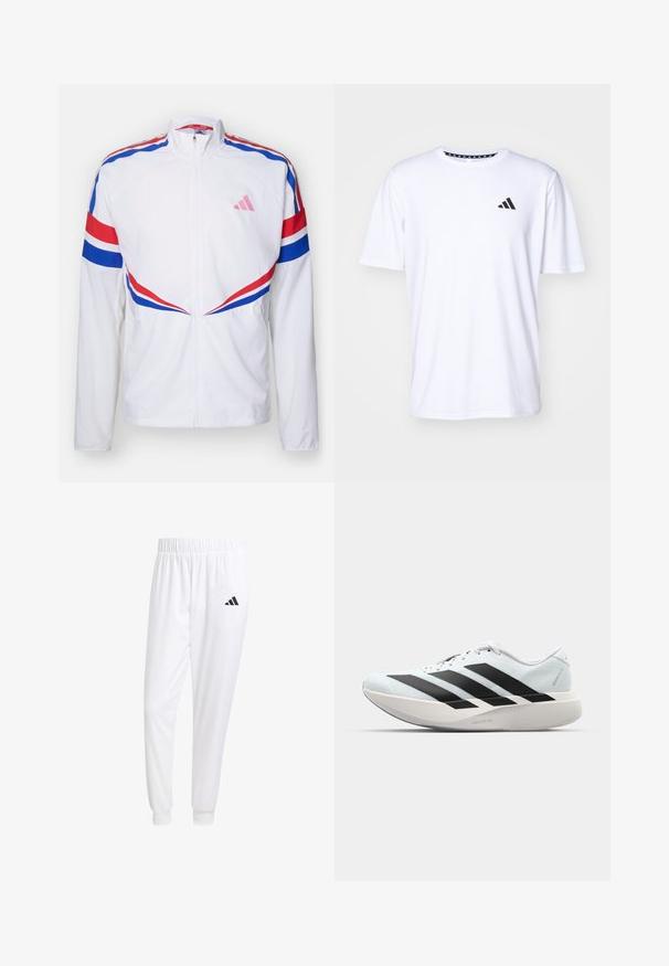 White zip-up jacket with red and blue stripes across the shoulders and sides. Features a pink logo on the chest and textured fabric.; White short-sleeve t-shirt made of fabric with a smooth texture. Features a black adidas logo on the left chest and a patterned collar.; White athletic pants made of smooth fabric, featuring an elastic waistband and fitted cuffs, with a black logo on the back pocket.; Lightweight running shoes in pale blue with black stripes. Features a smooth upper, round toe, and thick white midsole labeled "LIGHTSTRIKE PRO."