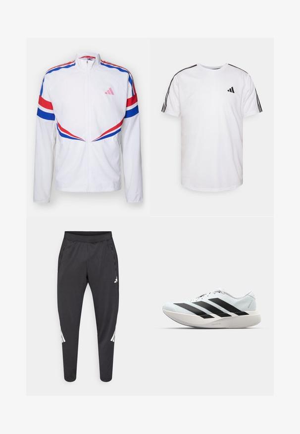 Witte zip-up jas met rode en blauwe stripes over de schouders en aan de zijkanten. Kenmerkt zich door een roze logo op de borst en een gestructureerde stof.; Witte T-shirt van katoen met ronde hals, korte mouwen en zwarte drie-strepen accenten op de schouders; bevat een klein zwart logo.; Zwarte sportbroek met taps toelopende pijpen, elastische tailleband, zijzakken en witte logo- en streepdetails. Gemaakt van een glad, licht materiaal.; Lichte hardloopschoenen in lichtblauw met zwarte strepen. Beschikt over een soepele bovenkant, ronde neusstuk en dikke witte tussenzool met het label "LIGHTSTRIKE PRO."