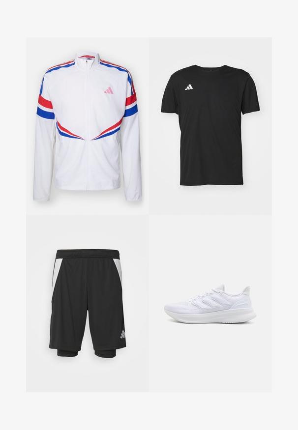 Giacca bianca con zip e strisce rosse e blu sulle spalle e sui lati. Presenta un logo rosa sul petto e un tessuto testurizzato.; T-shirt sportivo nero realizzato in tessuto leggero, con maniche corte e scollatura rotonda. Logo Adidas bianco sulla parte superiore sinistra.; Shorts sportivi neri in un tessuto leggero, con pannelli laterali bianchi, vita elastica e un dettaglio riflettente del logo in basso a sinistra.; Scarpe sportive bianche con tomaia in mesh texturato, suola ammortizzata e supportiva, e design a tre strisce sul lato.