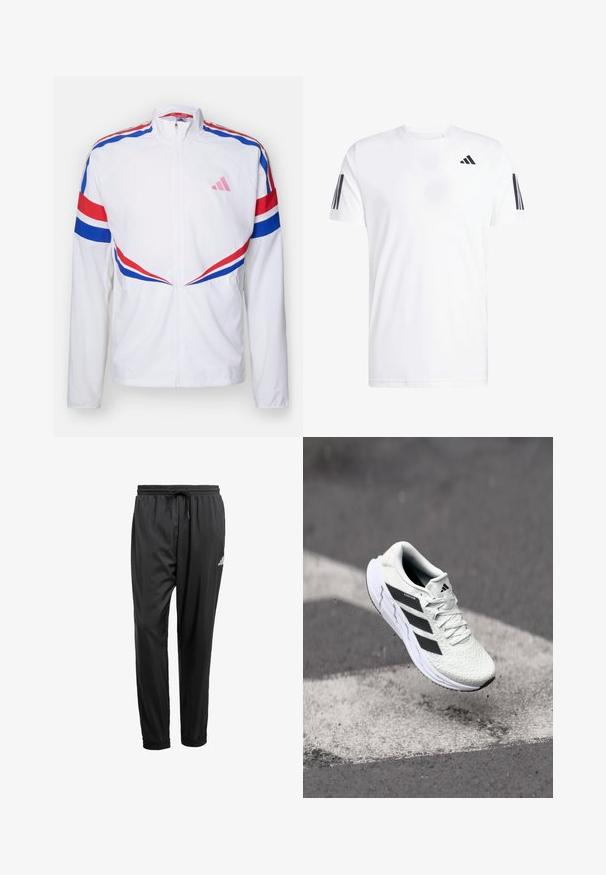 Balta zip-up striukė su raudonomis ir mėlynomis juostomis per pečius ir šonus. Yra rožinė logo ant krūtinės ir tekstūruotas audinys.; Balta marškinėliai iš audinio, su trumpomis rankovėmis ir apvaliu kaklu, su trimis juodais įstrižais dryžiais ant kiekvienos rankovės. Subtilus logotipas krūtinės srityje.; Juodos sportinės kelnės su elastine juosta, su raišteliu, užrišamais kulkšniais ir maža balta emblemute dešinėje šlaunyje.; Balti sportiniai batai su tekstūruota tinkleliu viršuje, juodomis juostelėmis, su raištelių uždarymu ir paminkštintu padu, kabo virš pažymėtos kelio dangos.