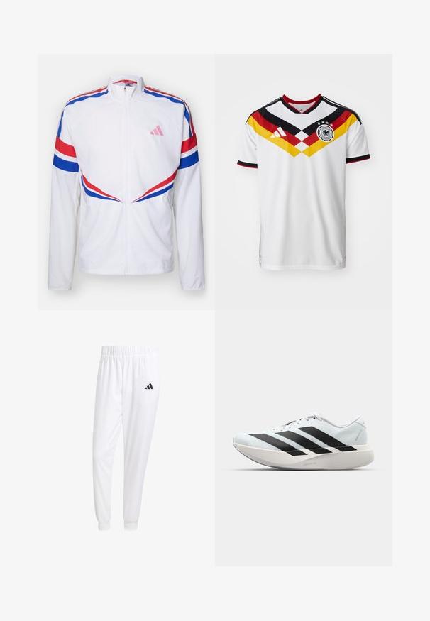 Hvid zip-up jakke med røde og blå striber over skuldrene og på siderne. Har et pink logo på brystet og tekstureret stof.; Hvid fodboldtrøje med sorte, røde og gule v-formede striber hen over brystet, Adidas-logo til venstre og emblem for det tyske fodboldlandshold til højre.; Hvide sportsbukser lavet af glat stof, med elastisk talje og tætsiddende manchetter, og med et sort logo på baglommen.; Letvægtige løbesko i lys blå med sorte striber. Har en glat overdel, rund tå og tyk hvid mellemsål mærket "LIGHTSTRIKE PRO."