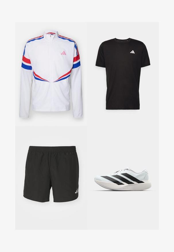 Bijela jakna na zip s crvenim i plavim prugama preko ramena i sa strane. Ima ružičasti logo na prsima i teksturirani materijal.; Crna pamučna majica s kratkim rukavima, okruglim izrezom i bijelim logotipom na lijevoj strani prsnog koša. Glatka tekstura i jednostavan dizajn.; Crne atletske kratke hlače s elastičnim pojasom, bočnim prorezima i reflektirajućim logotipovima. Izrađene od lagane, glatke tkanine.; Lagane tenisice za trčanje u svijetloplavoj boji s crnim trakama. Imaju glatku gornju površinu, okrugli vrh i debeli bijeli srednji sloj označen "LIGHTSTRIKE PRO."