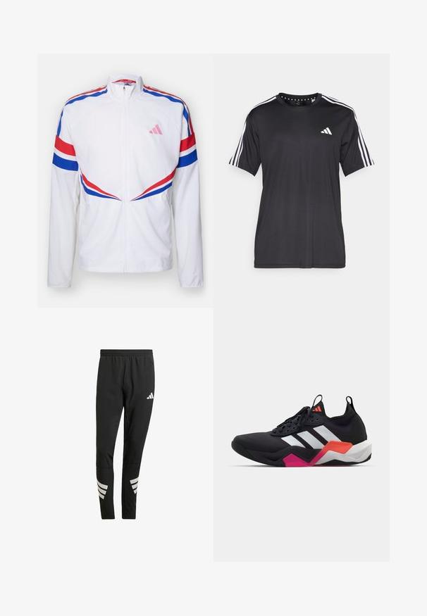Hvid zip-up jakke med røde og blå striber over skuldrene og på siderne. Har et pink logo på brystet og tekstureret stof.; Sort kortærmet t-shirt med hvidt tre-stribedesign på skuldrene og logo på brystet. Lavet af åndbart stof med en glat tekstur.; Sorte træningsbukser med en elastisk talje, der har reflekterende hvide detaljer i et stribet mønster på underbenene. Fremstillet af et glat stof.; Sort atletisk sko med hvide striber, tekstureret overdel og en kraftig sål med orange, pink og hvide detaljer. Snørebåndsdesign med trækløkke.