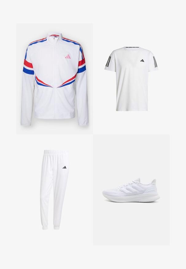 Bílá bunda na zip se červenými a modrými pruhy přes ramena a po stranách. Na hrudi má růžové logo a texturovanou látku.; Bílé tričko s krátkým rukávem vyrobené z prodyšné tkaniny, s černým trojúhelníkovým logem a třemi černými pruhy na každém rameni.; Bílé sportovní kalhoty vyrobené z hladkého materiálu, s elastickým pasem a přiléhavými manžetami, s černým logem na zadní kapse.; Bílé sportovní boty s texturovaným síťovaným svrškem, podpůrnou polstrovanou podrážkou a třemi pruhy na boku.