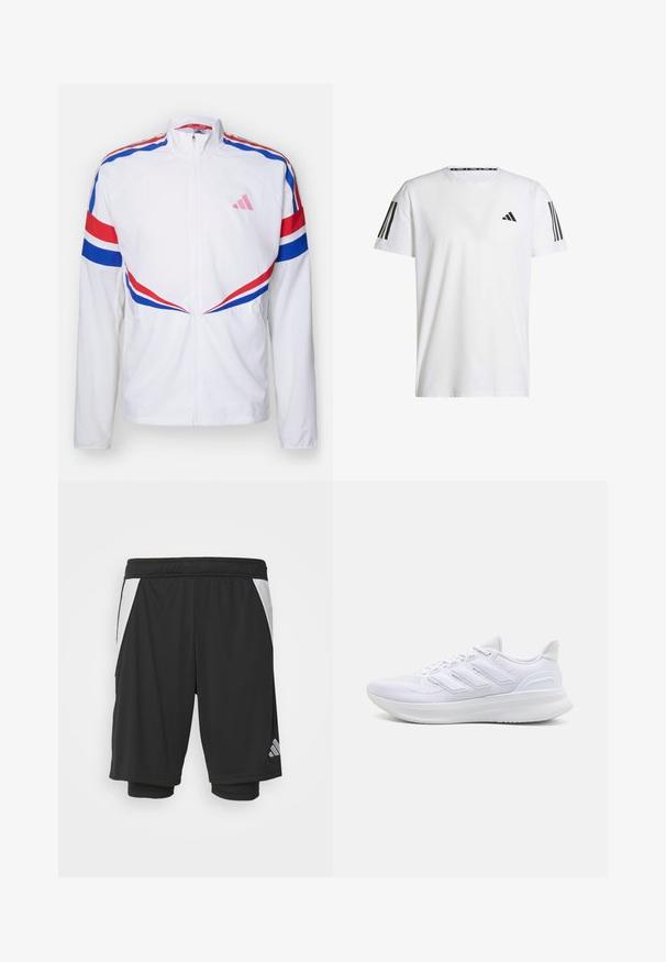 Chaqueta blanca con cremallera, con franjas rojas y azules a lo largo de los hombros y los laterales. Presenta un logo rosa en el pecho y una tela texturizada.; Camiseta blanca de manga corta hecha de tejido transpirable, con un logo triangular negro y tres rayas negras en cada hombro.; Bermudas deportivas negras con un tejido ligero, paneles laterales blancos, cintura elástica y un detalle del logo reflectante en la parte inferior izquierda.; Zapatillas deportivas blancas con una parte superior de malla texturizada, suela acolchada y soporte, y un diseño de tres rayas en el lateral.