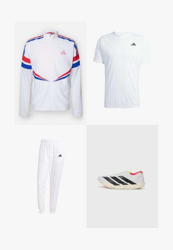 Hvid zip-up jakke med røde og blå striber over skuldrene og på siderne. Har et pink logo på brystet og tekstureret stof.; Hvid kortærmet atletisk t-shirt lavet af letvægtigt stof med et sort Adidas-logo på den øverste venstre bryst.; Hvide sportsbukser lavet af glat stof, med elastisk talje og tætsiddende manchetter, og med et sort logo på baglommen.; Hvid løbesko med sorte striber, neon grønne detaljer og en rød hæl. Har et let design og en struktureret sål for bedre greb.