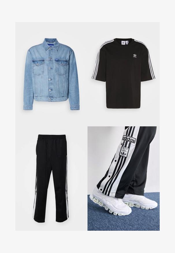 Light blue denim jacket with a button-up front, two chest pockets, and a fold-down collar. Features a branded tag on the collar.; Black short-sleeve T-shirt made of cotton, featuring white three-stripe accents on shoulders and an embroidered Adidas logo on the chest.; Black athletic pants made of smooth fabric, featuring white side stripes and an elastic waistband for comfort. No notable details or patterns.; Adidas track pants in black and white with three stripes and snap buttons, paired with white sneakers featuring a thick, tubular sole.
