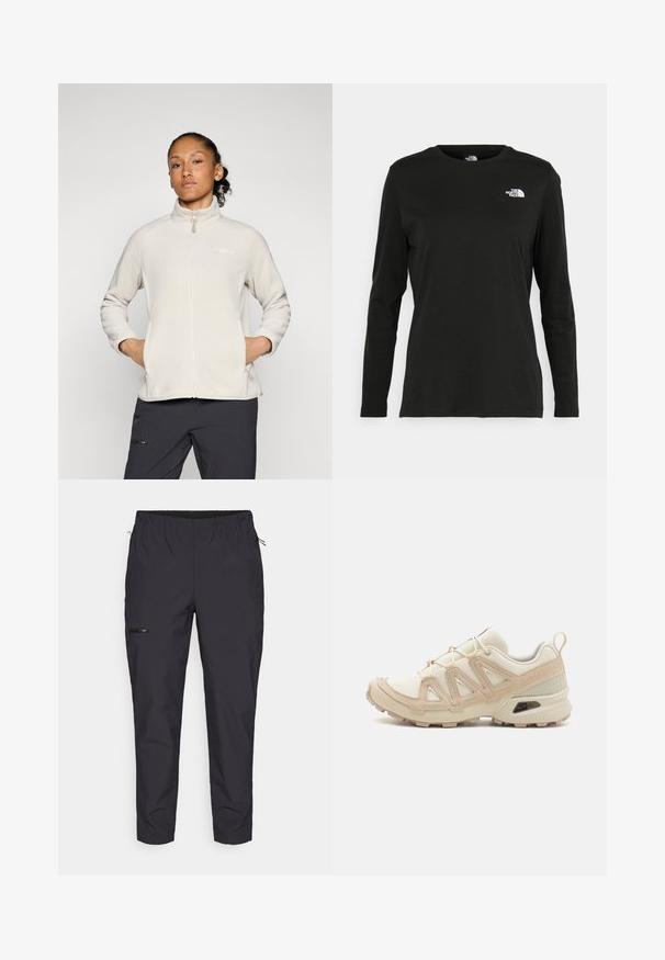 Ljusbeige fleecjacka med hög krage, hel dragkedja och sidofickor. Slät textur och enkel design med logotyp på bröstet.; Svart långärmad t-shirt i bomull med rund hals. Har en liten vit logotyp på vänster bröstområde. Enkelt design och passform.; Jack Wolfskin PRELIGHT TRAIL - Friluftsbyxor - black; Beige och krämfärgad atletisk sko med texturerad meshovandel, stöttande överdrag och gummisulor med ett mönster för grepp.