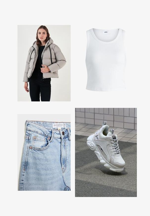 Ljusgrå puffjacka med huva, med en främre dragkedja, svarta dragsko/snören och en fyrkantig passform. Slät, quiltad yta.; Vit ribbade linne med rund halsringning, ärmlös design och kort längd. Märket säger "JJXX." Slät tygkvalitet.; Ljusblå denimjeans med hög midja, fem fickor, kopparfärgad hårdvara och subtila blekningar, med en etikett i midjan.; Vit sneaker med nät- och lädermaterial, rund tå, tjock sula, framträdande snören och branding på hälen och tungan.