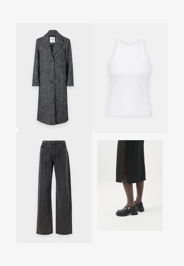 Abercrombie & Fitch TAILORED COAT - Klassisk frakke - light grey; Hvid ærmeløs tanktop lavet af ribbet stof, med en rund halsudskæring og en tætsiddende silhuet, med minimale sømme og ingen pynt.; Noisy May NMJANNEL LOOSE - Jeans Relaxed Fit - black denim; Sorte lædersko med rund tå, kraftig blokhæl og elastiske sideaccentuer, parret med mørke strømpebukser og en sort nederdel med slids.