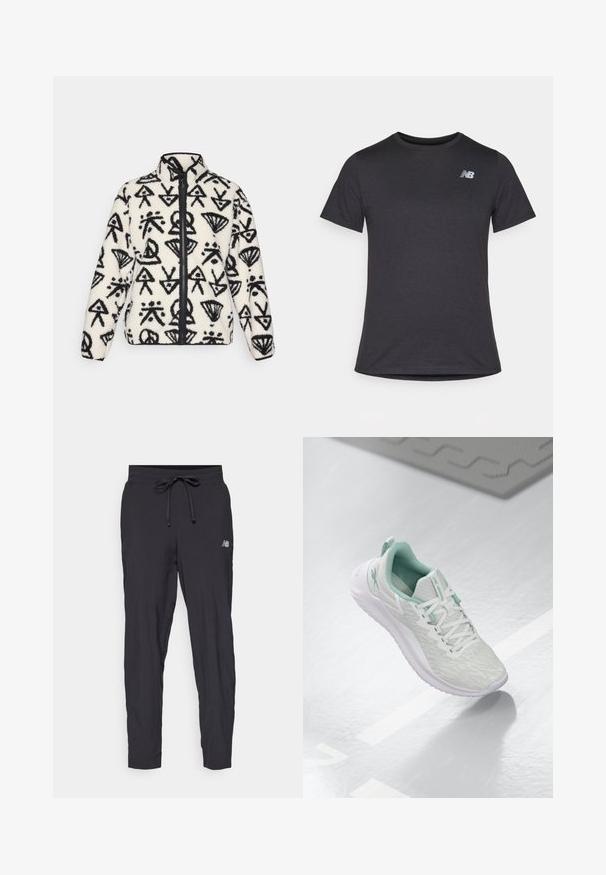 Peak Performance GRAPHIC JACKET - Fliisjakk - offwhite; Must beebi särk, millel on lühikesed varrukad ja pehme kangas, ülaosas vasakul rinnal on väike hall New Balance'i logo, klassikaline ümar kaelus.; Kerged mustad spordipüksid, mis on valmistatud kergest materjalist, elastse vöökoha ja reguleeritava nööriga. Küljel on väike logo.; Heledad hallitushallide spordijalanõud tekstuurse kudumise ülaosaga, mündiroheline aktsent, valged nöörid, kummist tald ja tõmblõng kandmisel.