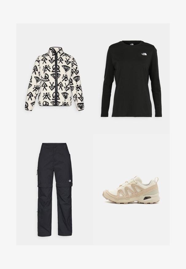 Peak Performance GRAPHIC JACKET - Flīsa jaka - offwhite; Melnas garām piedurknēm T-krekls, izgatavots no kokvilnas ar apaļu kaklu. Tam ir mazs balts logo kreisajā krūtīs. Vienkāršs dizains un piegulums.; Melni nailona bikses ar noņemamām kājām, regulējamiem uzmavām, vairākām kabatām un logotipu uz labās kājas. Gluda, viegla tekstūra.; Beige un krēma sporta apavi ar strukturētu tīkla virsmu, atbalstošajiem slāņiem un gumijas zoli ar protektoru rakstu, kas nodrošina saķeri.