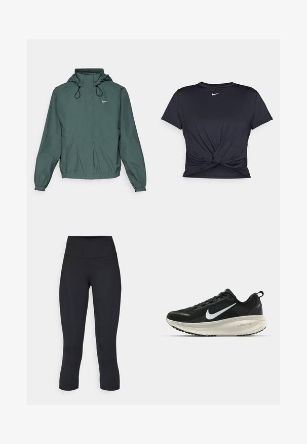 Nike Performance STORM-FIT SWIFT - Running jacket - vintage green/black/reflective silver; Black athletic t-shirt made of smooth fabric, featuring a knotted front design and a small white Nike logo on the chest.; Black cropped leggings made of stretchy fabric, featuring a high waistband and smooth texture, with no visible patterns or hardware.; Black Nike running shoe with breathable mesh upper, white swoosh logo, textured detailing, and a cream-colored ZoomX midsole.