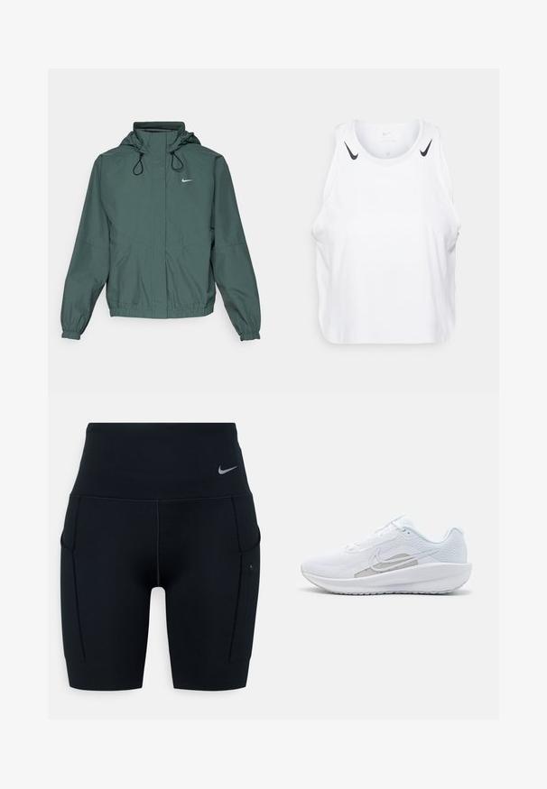 Nike Performance STORM-FIT SWIFT - Løpejakke - vintage green/black/reflective silver; Hvit ermeløs tanktop laget av lett materiale, med svarte Nike-logo aksenter på skuldrene, rund hals og avslappet passform.; Svart høyverdig trening shorts laget av elastisk materiale; har sidelommer og en liten Nike-logo på midjen.; Hvit sportssko med mesh-overdel, rund tå og teksturert såle. Har en sølvfarget Nike swoosh og et minimalistisk design.