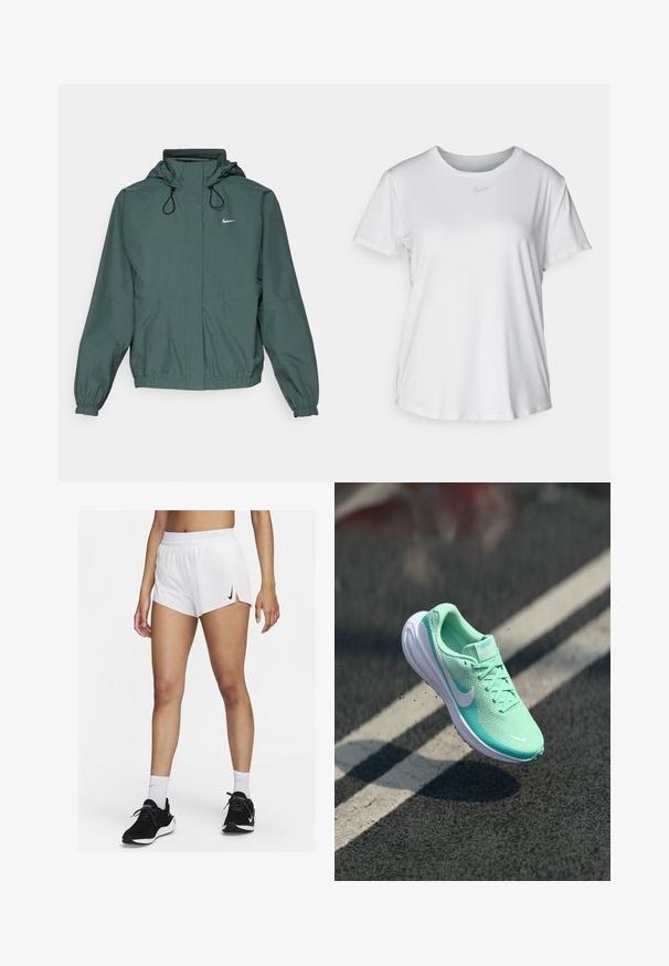 Nike Performance SWIFT - Tuulejope - vintage green/black/reflective silver; Valge lühikeste varrukatega T-särk, mis on valmistatud siledast kangast, ümarate kaelustega ning mille rinnal on väike hall Nike logo.; Valged spordipüksid soonilise vöökohaga, külgmiste lõhikute ja musta Nike logoga. Kandmiseks koos mustade spordijalatsite ja valgete sportlike sokkidega.; Kerge, mündiroheline jooksmise king, millel on võrgust ülemine osa, pehme kaelus ja valgest kummist tallaosa. Nike logo küljel; paelad nähtavad.