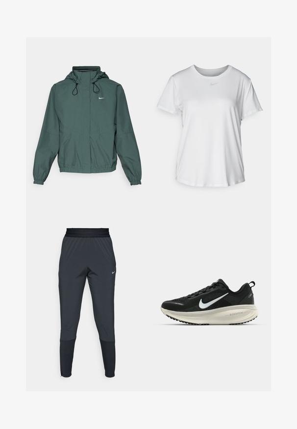Nike Performance STORM-FIT SWIFT - Running jacket - vintage green/black/reflective silver; White short-sleeve T-shirt made of smooth fabric, featuring a round neckline and a small grey Nike logo on the chest.; Nike athletic pants in dark gray, featuring a tapered leg design, elastic waistband, and accent details near the cuffs.; Black Nike running shoe with breathable mesh upper, white swoosh logo, textured detailing, and a cream-colored ZoomX midsole.