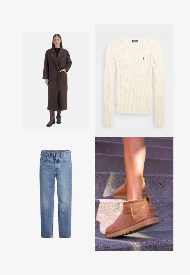 Elara - Klasyczny płaszcz; Kremowy sweter w splot kabelkowy z długimi rękawami, ściągaczami przy mankietach i u dołu, z małym haftowanym logo na lewej piersi.; Jasnoniebieskie jeansy denimowe o prostym kroju, z pięcioma kieszeniami i zapięciem na guziki. Charakteryzują się delikatnym wyblaknięciem oraz pomarańczowymi przeszyciami.; Brązowe zamszowe botki za kostkę o miękkiej teksturze, z przeszyciami i gumową podeszwą, wyposażone w pętelkę na pięcie dla łatwego zakładania.