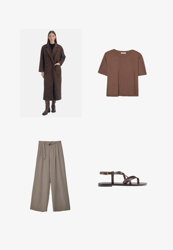Elara Klassisk kappa / rock - braun; Brun kortärmad t-shirt i mjukt tyg, med rund halsringning och avslappnad passform. Inga synliga mönster eller detaljer.; Breda byxor i ett mjukt, dämpat grått tyg, med belagd midja och veck för extra designdetaljer. Slät textur, inga mönster.; Bruna lädersandaler med korsade remmar, spänne runt vristen och en platt sula med minimala sömnadsdetaljer.