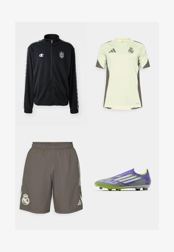 Casaco de treino preto com gola alta, fecho de correr à frente, riscas laterais e logótipo no peito. Feito de um tecido leve e liso, com punhos elásticos.; Jersey verde claro de mangas curtas com detalhes em cinza escuro, apresentando o logótipo da equipa no peito, feito de material respirável com tecnologia de absorção de humidade.; Calções atléticos cinzentos com um cós elástico, riscas laterais verde claro e um logotipo branco do Real Madrid na bainha esquerda.; Chuteira de futebol em roxo e verde, apresentando um design aerodinâmico, parte superior texturizada com padrões em faixa e uma sola translúcida.