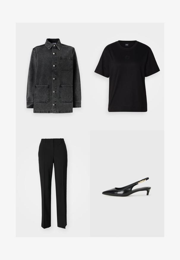 Tamno siva traper jakna s raširenim ovratnikom, kopčanjem na dugmad i dva velika prednja džepa. Ima glatku teksturu i strukturirani dizajn.; Crna pamučna majica s okruglim izrezom, kratkim rukavima i izvezenim logotipom na prsima. Jednostavan, opušten kroj bez uzorka.; Crne krojene hlače ravnog kroja, s glatkom teksturom i oštrim pregibima naprijed. Bez vidljivih metalnih dijelova.; Crne kožne sandale s petom, s izduženim vrhom, imaju usku petu i zlatni akcent na podesivoj traci. Glatka tekstura.