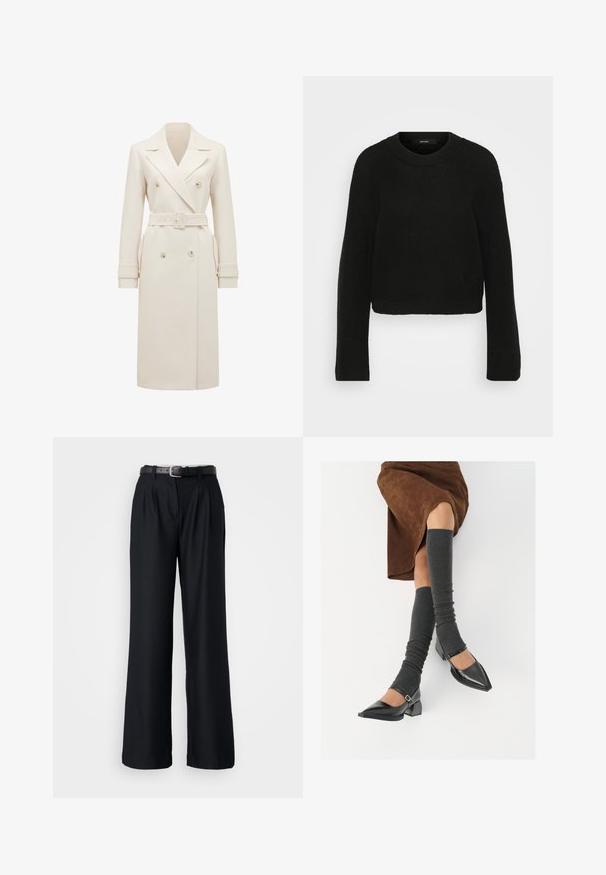 Trench coat lung cu dublă defilare, de culoare crem, cu rever larg, curea asortată, fâșii la mansete și buzunare laterale, expus pe un fundal alb.; Pulover tricotat negru cu gât rotund și mâneci lungi. Prezintă un model texturat și un design scurt.; Pantaloni largi negri, confecționați dintr-un material neted, având pliseuri frontale și o curea neagră asortată cu o cataramă din argint.; Pantofi negri din piele lacuită, cu vârful ascuțit, toc bloc și curea la glezna, asortați cu jambiere gri cu nervuri și o fustă din suede maro.