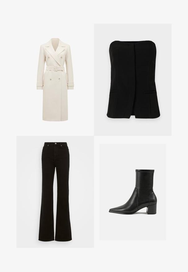 Krem boje dug sačinjeni dvostruki kaput s širokim reverima, odgovarajući pojas, naramenice na rukavima i bočnim džepovima, prikazan na bijeloj pozadini.; Crna, bezrukavna bluza s ravnim dekolteom, prednjim kopčanjem i dva skrivena bočna džepa. Glatka tkanina s krojem koji se dobro uklapa.; Visoke crne široke traperice od denima, sa zakopčavanjem na dugme, bočnim džepovima i glatkom teksturom.; Crne gležnjače od glatke kože, s šiljastim prstom, blok petom i izraženim uvećanim šavom na gornjem rubu.