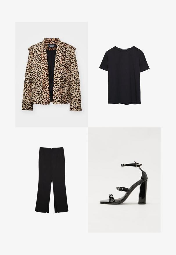Sako s leopardím vzorem se strukturálním designem, dlouhými rukávy a otevřeným předním dílem. Má měkkou texturu a dvě přední kapsy.; Jednoduché černé bavlněné tričko s krátkým rukávem a kulatým výstřihem, vystavené na bílém pozadí.; Černé kalhoty s rovným střihem, s předními kapsami a bočními rozparky na lemu. Vyrobené z jemné, hladké tkaniny. Vhodné na různé příležitosti.; Černé lakované sandály na podpatku se čtveratou špičkou, lýtkovými pásky a stříbrnými přezkami. Disponují masivním blokovým podpatkem pro stabilitu.