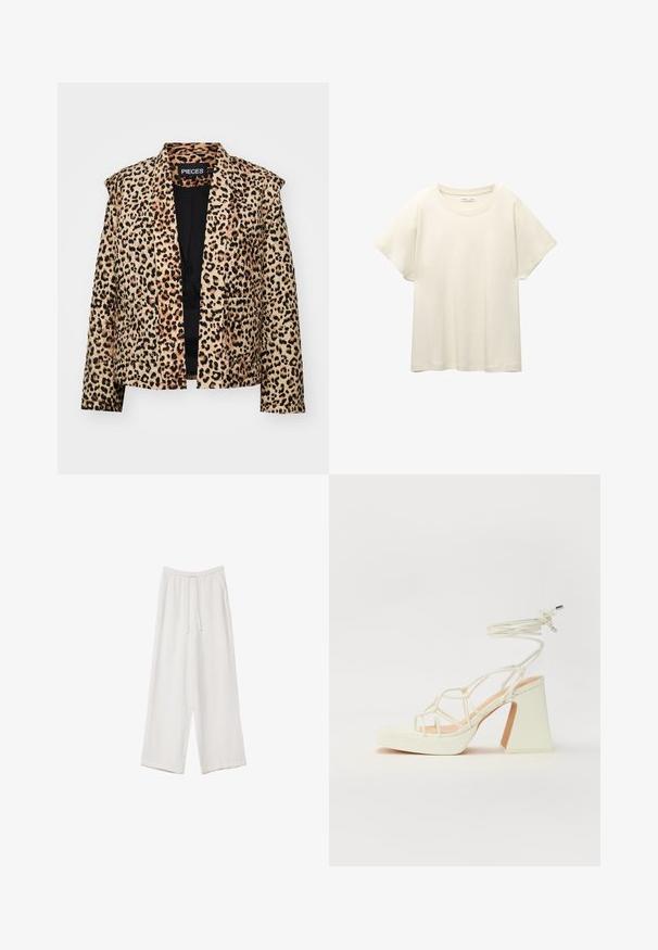 Jakna s leopardskim uzorkom sa strukturiranim dizajnom, dugim rukavima i otvorenom prednjom stranom. Ima mekanu teksturu i dvije prednje džepove.; Svijetlo bež majica kratkih rukava s okruglim izrezom, izrađena od meke, glatke tkanine. Karakterizira je opušteni kroj i ravni rub.; Bijele hlače širokih nogavica napravljene od lagane tkanine. Imaju elastičan pojas s ušicom i bočne džepove. Glatka tekstura.; Bijela sandala na visokoj potpetici s debelim petom, s remenom i vezanjem oko gležnja. Glatka tekstura s platformom sprijeda za dodatnu visinu.