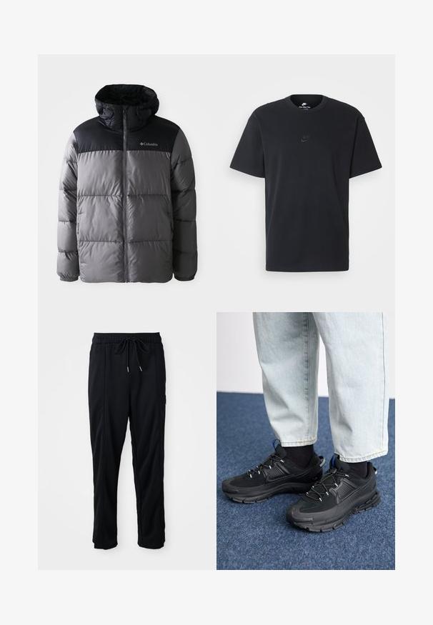 Hallhäädine hallis ja mustas värvitoonis, millel on kõrge krae, tikitud disain, lukuga esiosa, reguleeritav kapuuts ja Columbia logo rinnal.; Nike musta mustast puuvillast T-särk klassikalise ümmarguse kaelusega, lühikeste varrukatega ja õrna, reljeefse logoga rinnal. Sile tekstuur.; Mustad nööridega vööga igapäevased mustad püksid, külgseamipocketid ja sirge sääre lõikega, ühtlasel taustal.; Mustad mustad jooksukingad, millel on tekstureeritud kangas ja kummist tallad, elastsed nöörid ning sinine aksent kandadel. Kandmine heledate teksadega.
