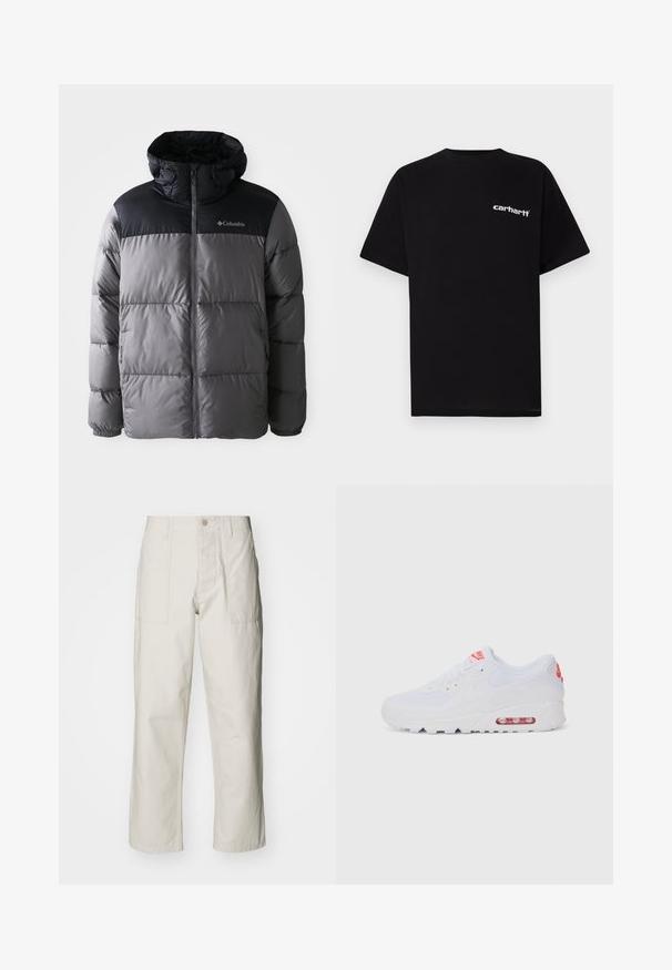 Puffer jacket in grey and black with a high collar, quilted design, zip front, adjustable hood, and Columbia logo on the chest.; Black cotton t-shirt with short sleeves, crew neckline, and white "Carhartt" logo on the left chest. Smooth texture, minimal design.; Light beige wide-leg pants made of cotton. Features front pockets and a button closure. Smooth texture with subtle vertical lines.; White athletic sneaker featuring a smooth upper, lace closure, cushioned sole, and a visible air unit with red accents on the branding.