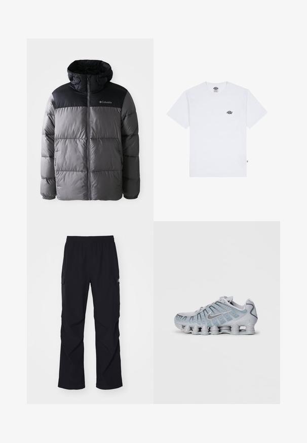 Giacca a vento in grigio e nero con colletto alto, design trapuntato, chiusura a zip frontale, cappuccio regolabile e logo Columbia sul petto.; T-shirt bianco in cotone con maniche corte, dotato di un piccolo logo nero sul petto e di un'etichetta nell'angolo in basso a sinistra.; Pantaloni cargo neri realizzati in materiale leggero, con vita elastica, tasche laterali e design a gamba dritta.; Sneaker Nike grigio chiaro con parte superiore testurizzata, dettagli in rete e una suola unica imbottita con numerosi pod arrotondati.