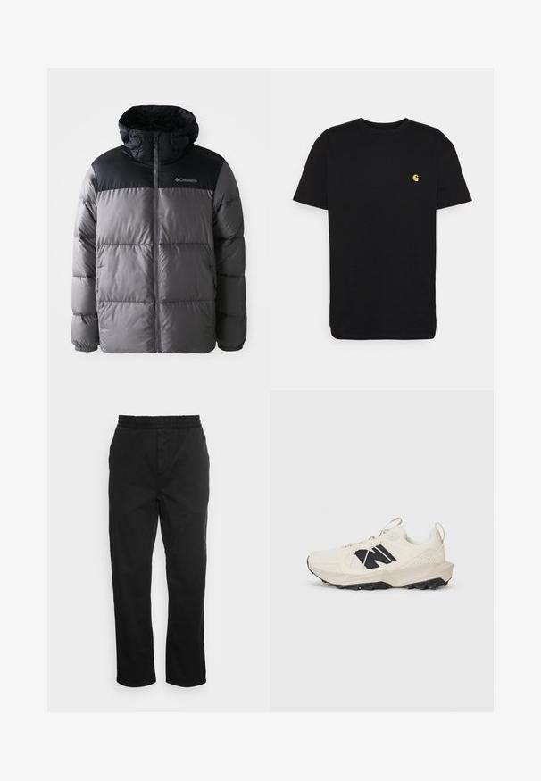 Casaco puffer em cinza e preto com colarinho alto, design acolchoado, fecho de zíper frontal, capuz ajustável e logo da Columbia no peito.; T-shirt de algodão preto com mangas curtas, decote redondo e um pequeno logótipo amarelo na área do peito esquerdo. Design simples e ajuste regular.; Calças de algodão pretas com cintura elástica, pernas retas e bolsos laterais. Textura suave sem padrões ou detalhes.; Sapatilha bege claro com parte superior em malha, logotipo preto e sola texturizada. Acentuada com um padrão geométrico na entressola.